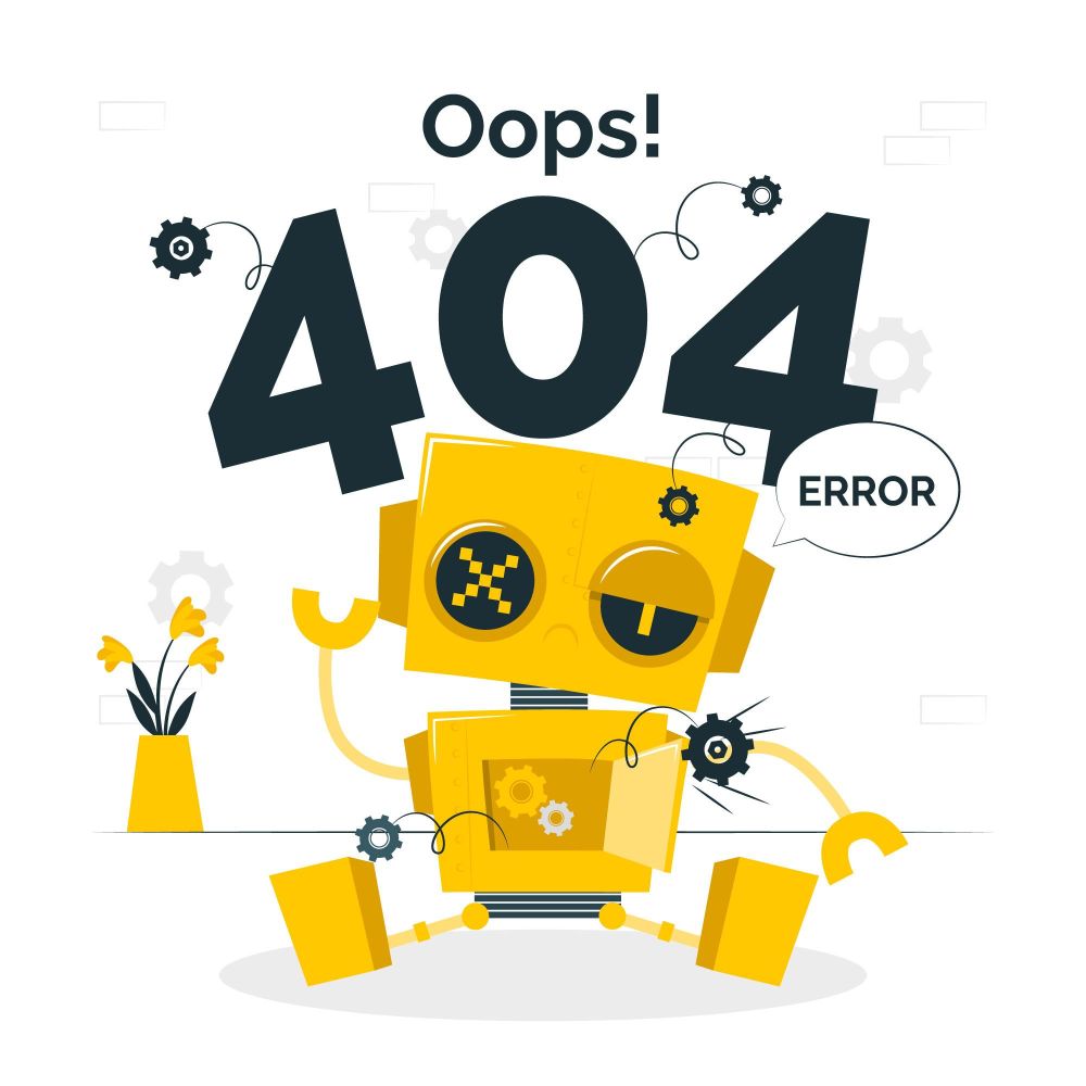 robot galben desenat care a gandit prea mult si a dat eroarea 404